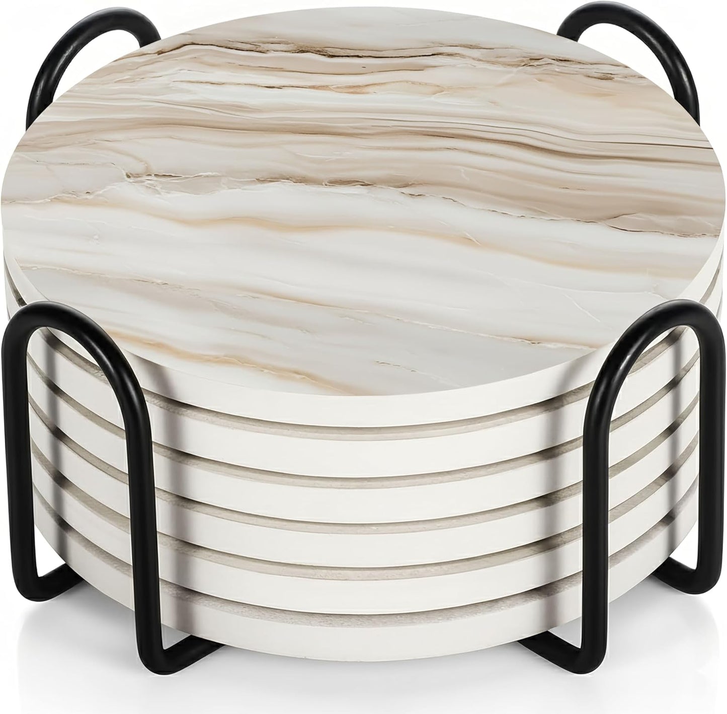 VEYRO Coasters Set of 6 for Drinks – Absorbent Ceramic Stone Drink Coasters with Cork Backing for Coffee Table & Desk, Modern Marble Look Cup Coaster Set, Housewarming Gift for New Home