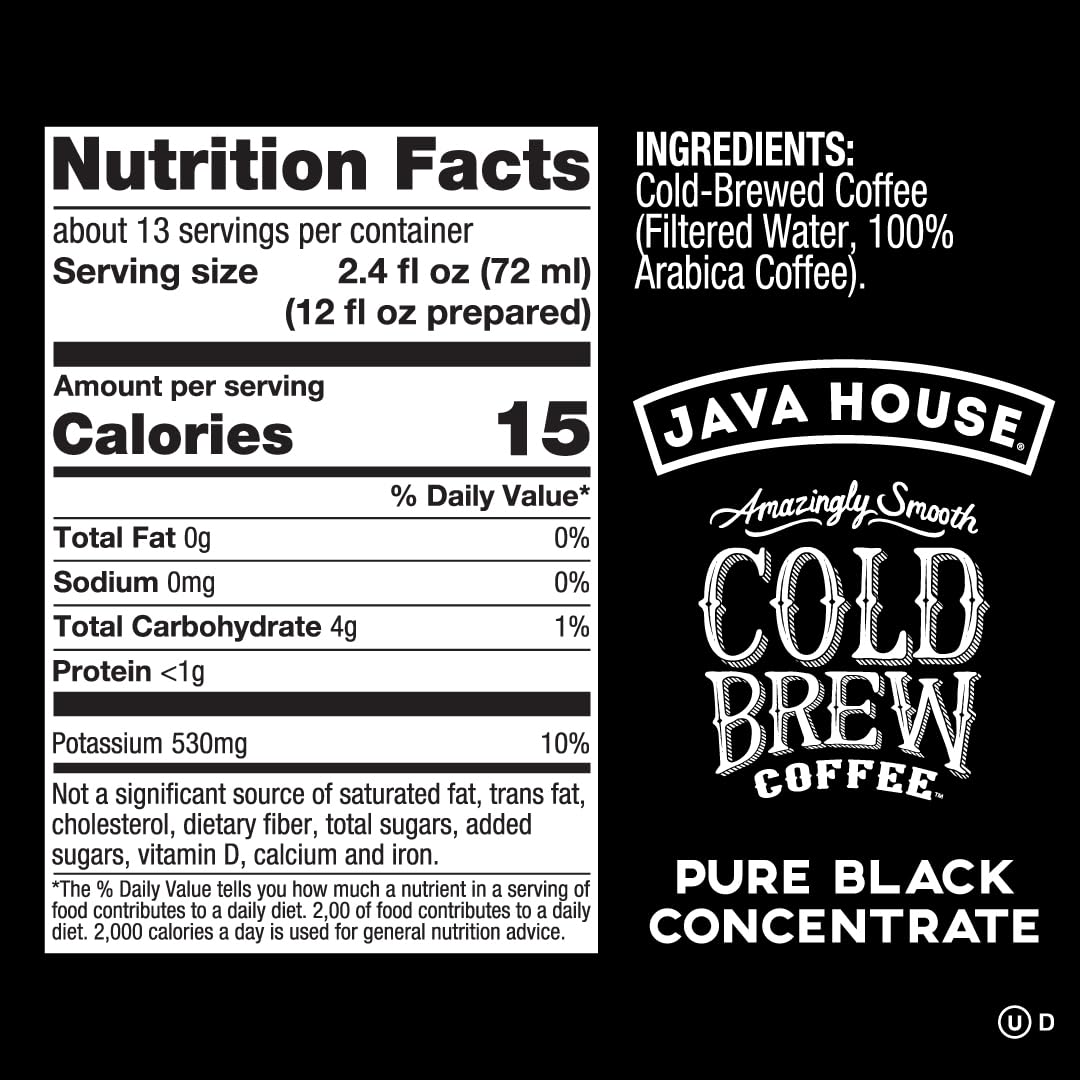 JAVA HOUSE Cold Brew Coffee, Colombian 4:1 Liquid Concentrate, 32 Ounce Bottle