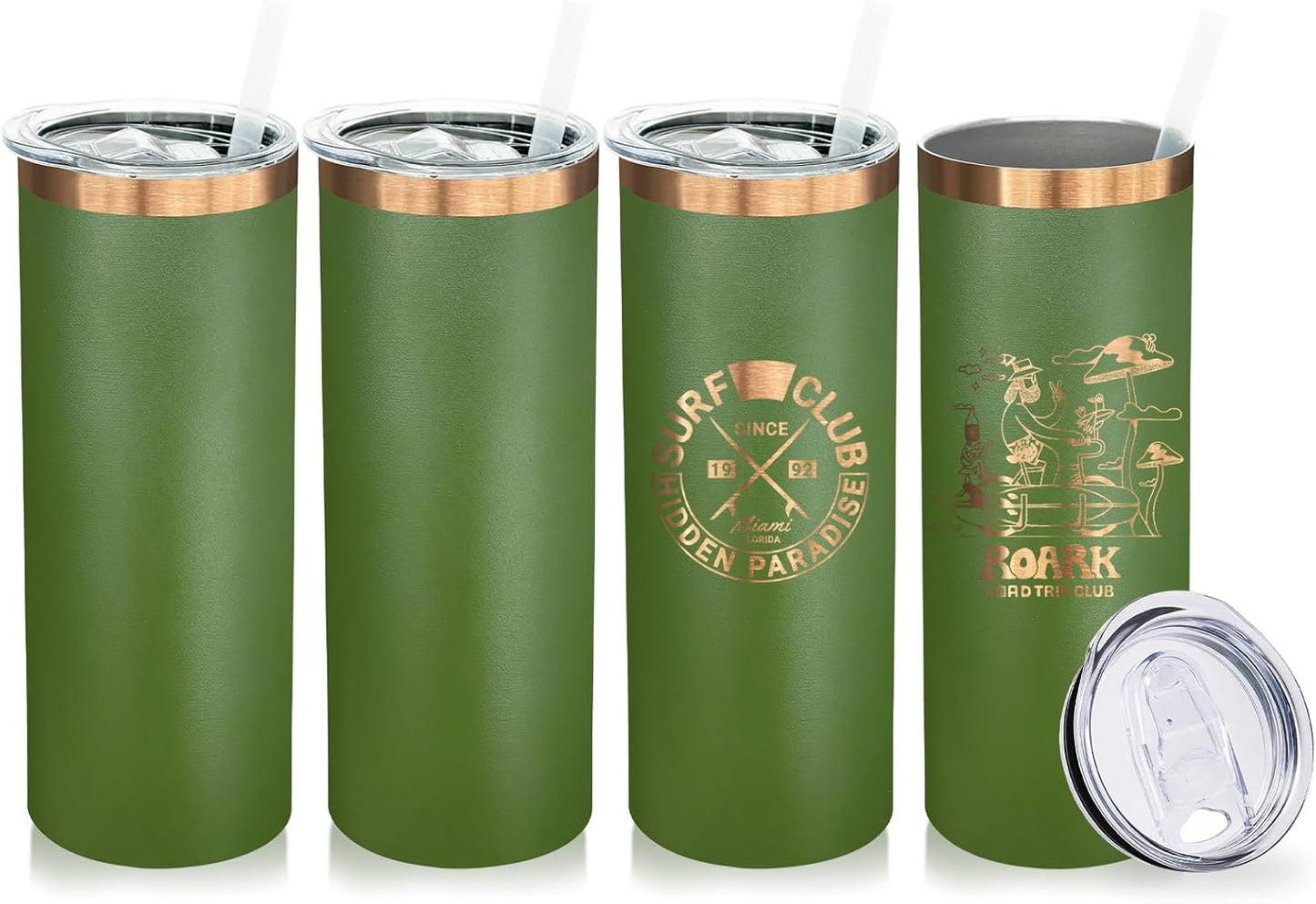20 oz Skinny Tumblers Bulk 4 Pack, Stainless Steel Insulated Tumbler with Lids and Straws, Slim Double Wall Powder Coated Travel Coffee Mug Reusable Cup for Hot Cold Drinks (Army Green,4 pack)