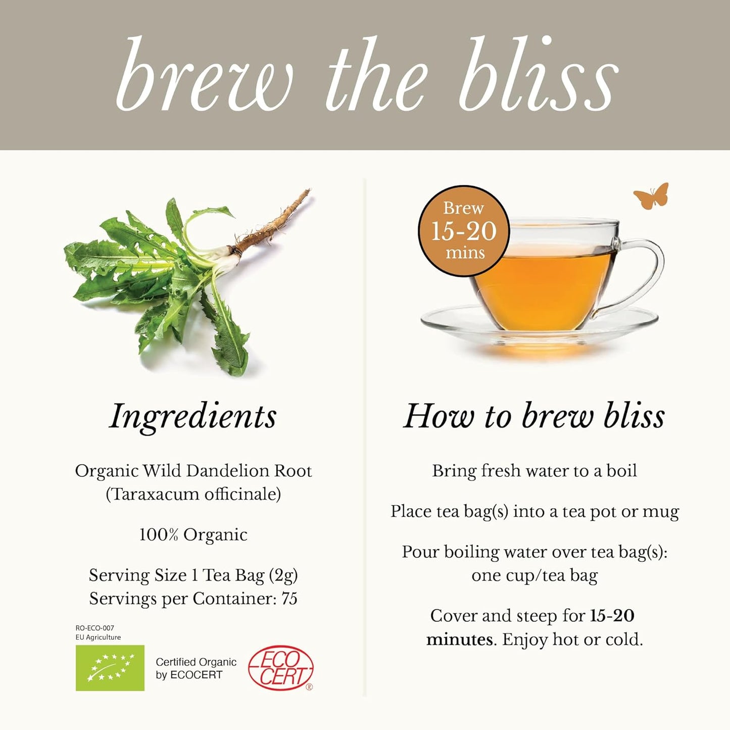 Wild Bliss Organic Wild Raw Dandelion Root Tea - Pharmacopoeia Quality Caffeine Free Herbal Detox Support - 75 Plant Based Tea Bags