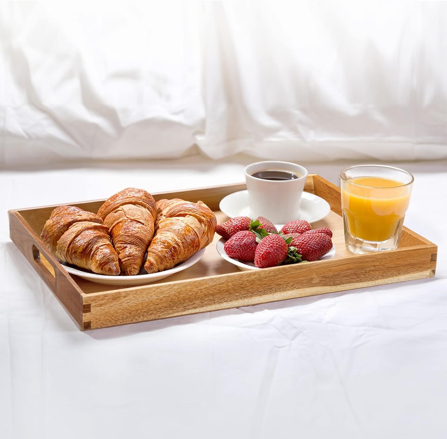 Acacia Wood Serving Tray with Handles (Set of 2)- 17-Inch Decorative Wooden Tray - Perfect for Breakfast, Lunch, Dinner, Ottoman, Coffee Table - Living Room and Couch Tray