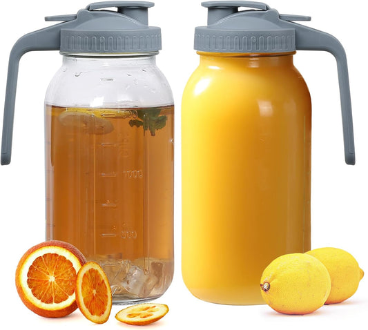 Glass Tea Pitcher with Wide Mouth Airtight Lid Leak Proof Fridge Container with Gray Lid Mason Jar for Water, Tea,Juice and Drinks (2 Pack-64OZ)