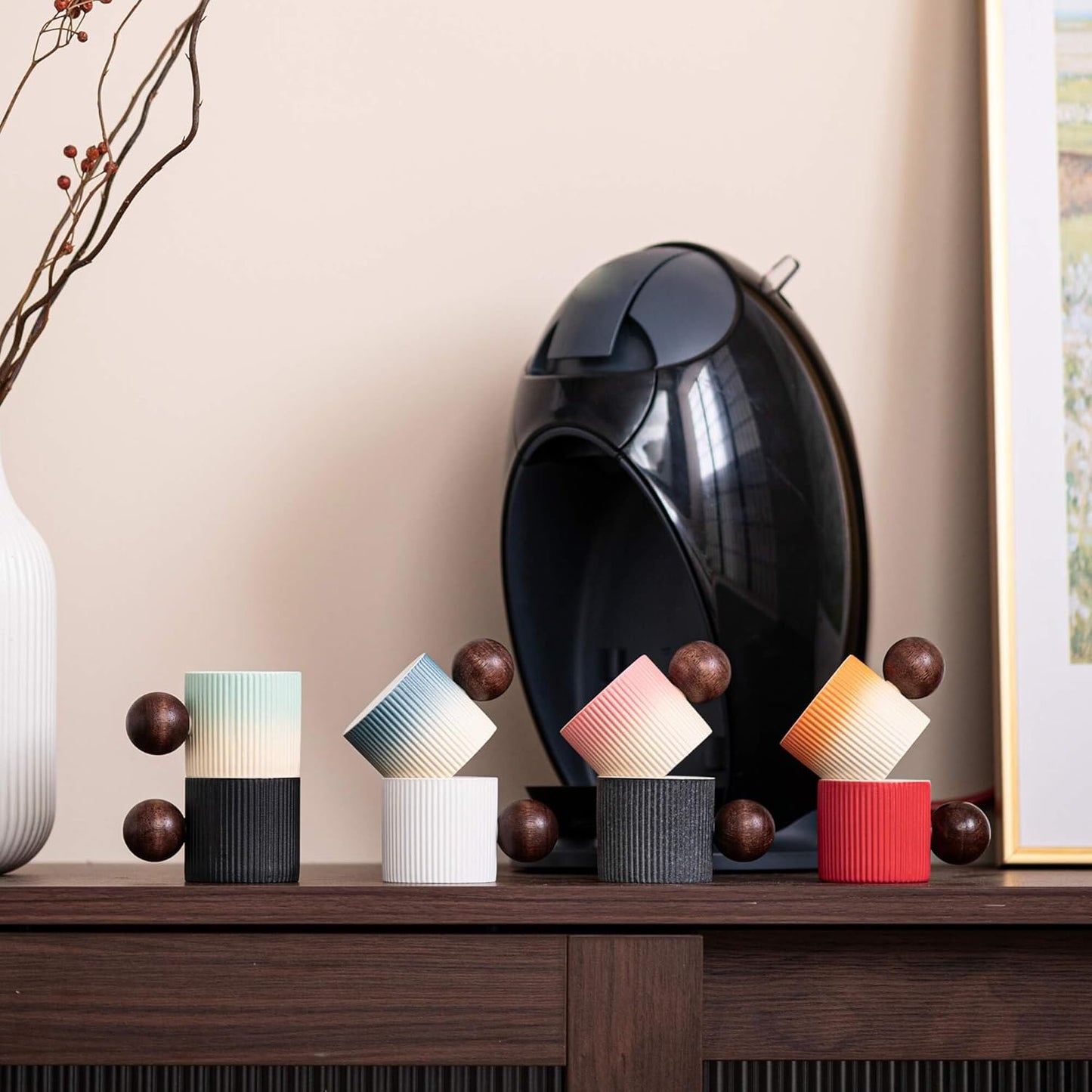 Ceramic Mini Espresso Cups Demitasse Cups with Round Wooden Handle Vertical Stripes Tea Cups (Beige&Orange, 2pcs)