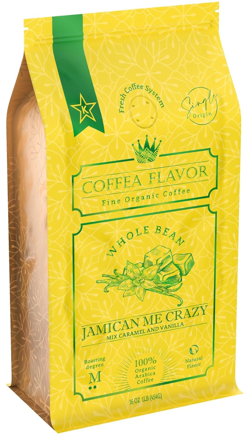 Jamaican Me Crazy Whole Bean Coffee – 100% Arabica, Single Origin, Medium Roast, Naturally Sweetened, Caramel and Vanilla Flavored – Perfect for Cold Brew – by Coffea Flavor