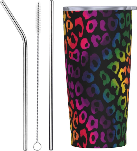 Leopard Print Tumbler with Lid and Straw 20oz Coffee Tumblers Leakproof Stainless Steel Travel Mug Vacuum Insulated Cup for Iced and Hot