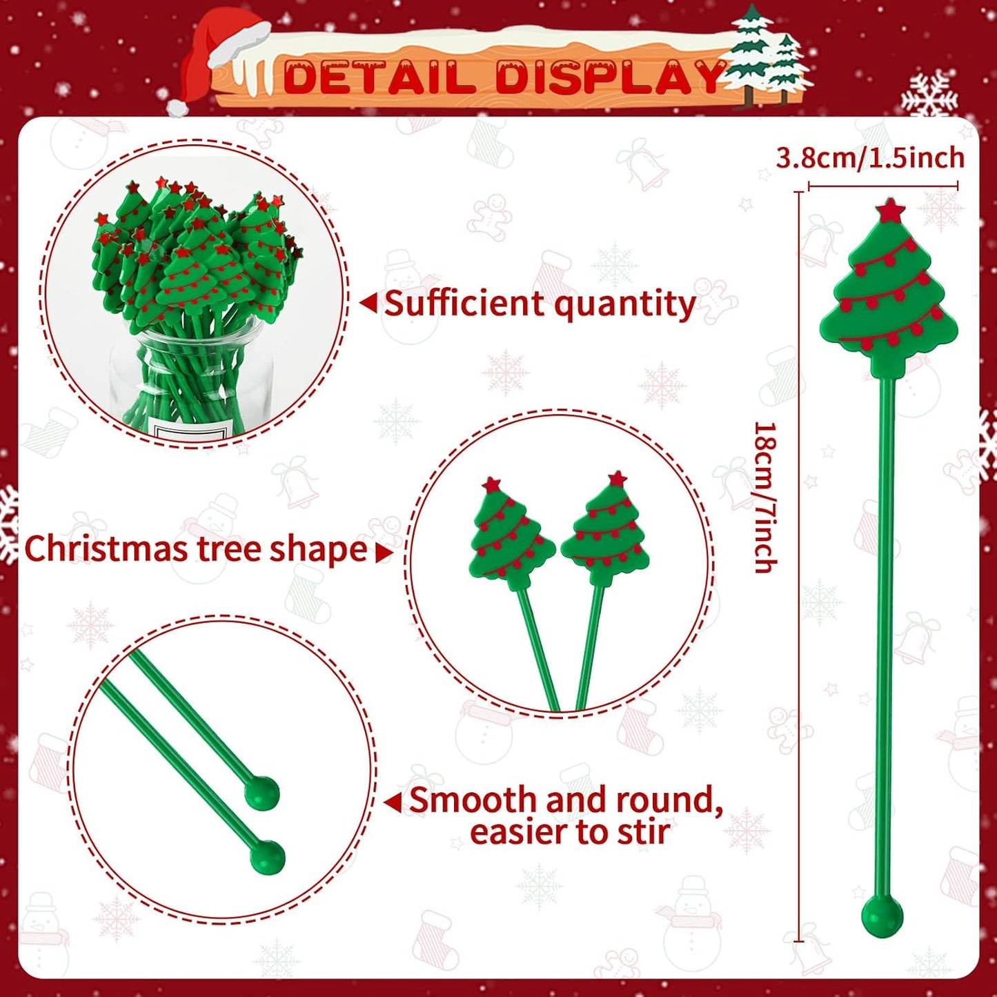 36 Pcs Christmas Drink Stirrers, Christmas Tree Cocktail Stirrers Plastic Swizzle Sticks Reusable Coffee Stirrer Stir Sticks for Xmas Holiday Party Coffee Tea Hot Cocoa Bar Supplies Decoration