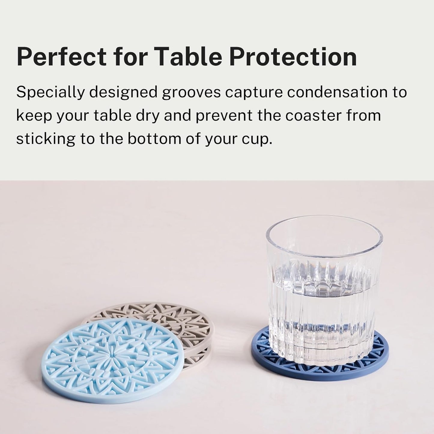 Set of 6 Navy Silicone Coasters with Holder, Drink Coasters with Tribal Pattern Shape- for Table Protection, Anti Slip, Nonstick, Heat Resistant, Deep Tray