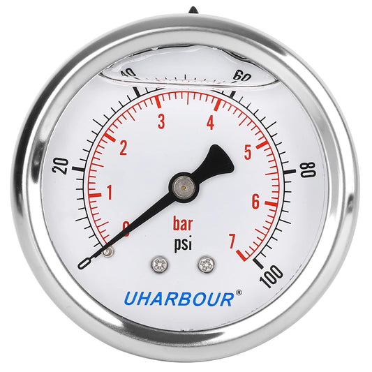 Glycerin Filled Pressure Gauge 100psi/7bar, Stainless Steel case, Brass Inside Construction, 2-1/2" dial, 1/4" NPT Back Connection.…