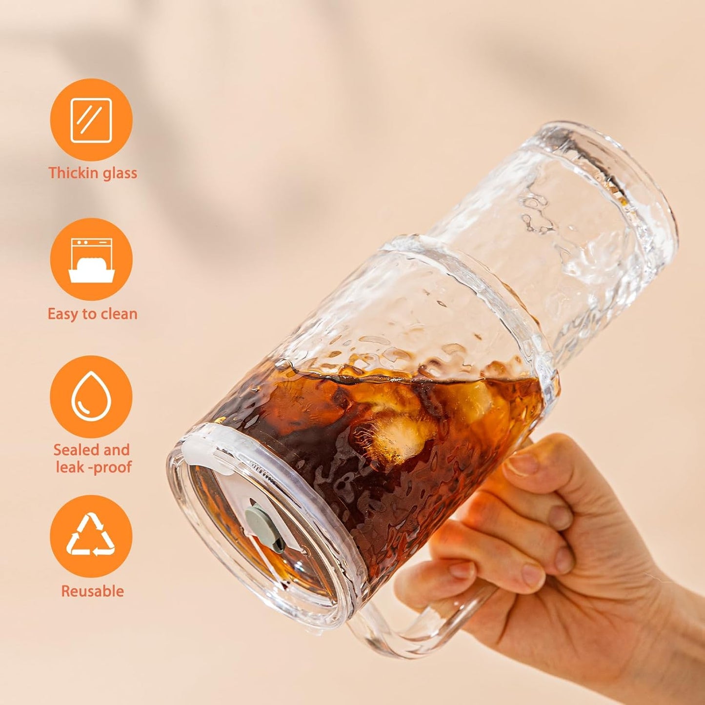 26oz Water Ripple Glass Tumbler with Handle & Lid, Reusable Iced Coffee Cups with Straws – Set of 2, Glass Cups for Smoothies, Juice, Coffee, Tea – Travel Mugs for Daily Use and To-Go