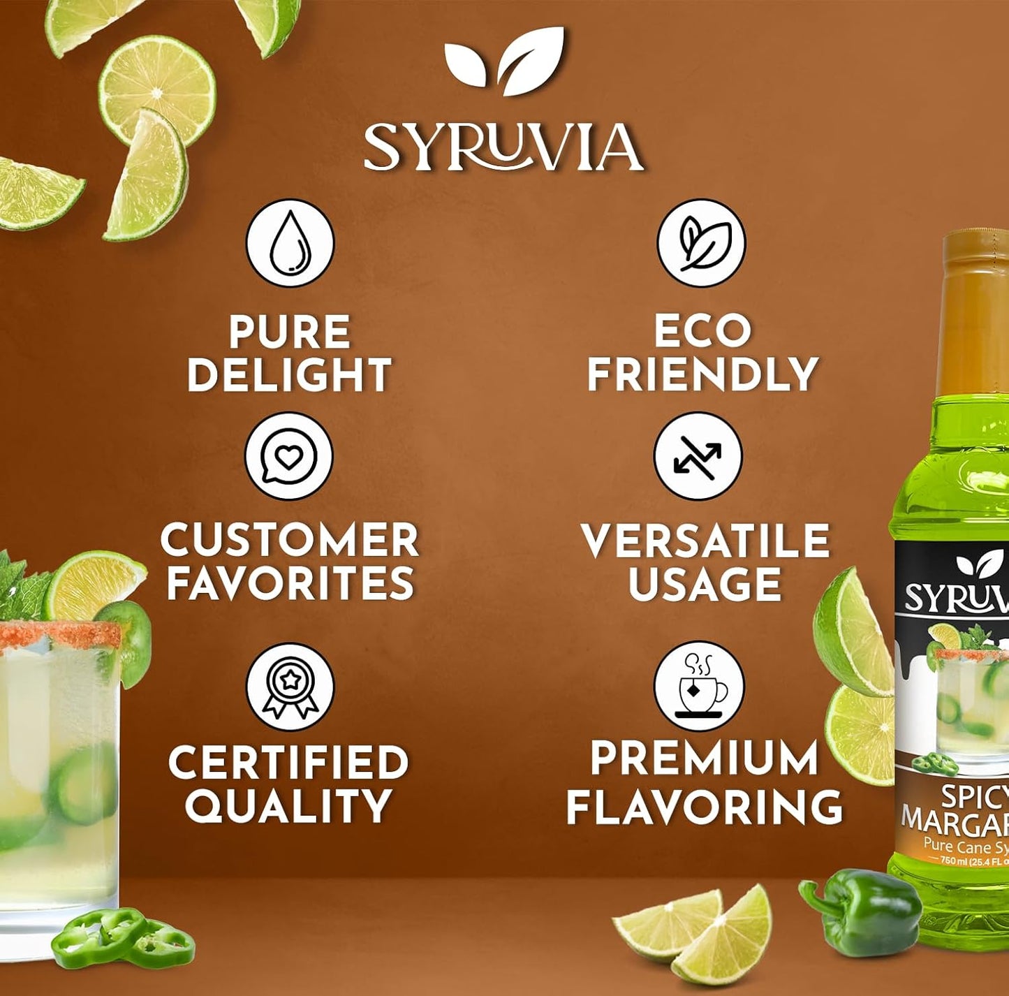 Syruvia Spicy Margarita Mix Syrup For Drinks 25.4 Oz. - Kosher & Gluten Free, No Coloring, Perfect for Drinks, Soda, Shakes, Desserts, and More.