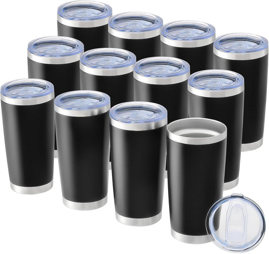 OMTech 20oz Tumblers Bulk, 12pc Stainless Steel Tumbler Set with Lid & Straw, Double Wall Vacuum Insulated Mug for Laser Engraver, Travel Coffee Mug for Hot & Cold Drinks, Black Powder Coated Cup