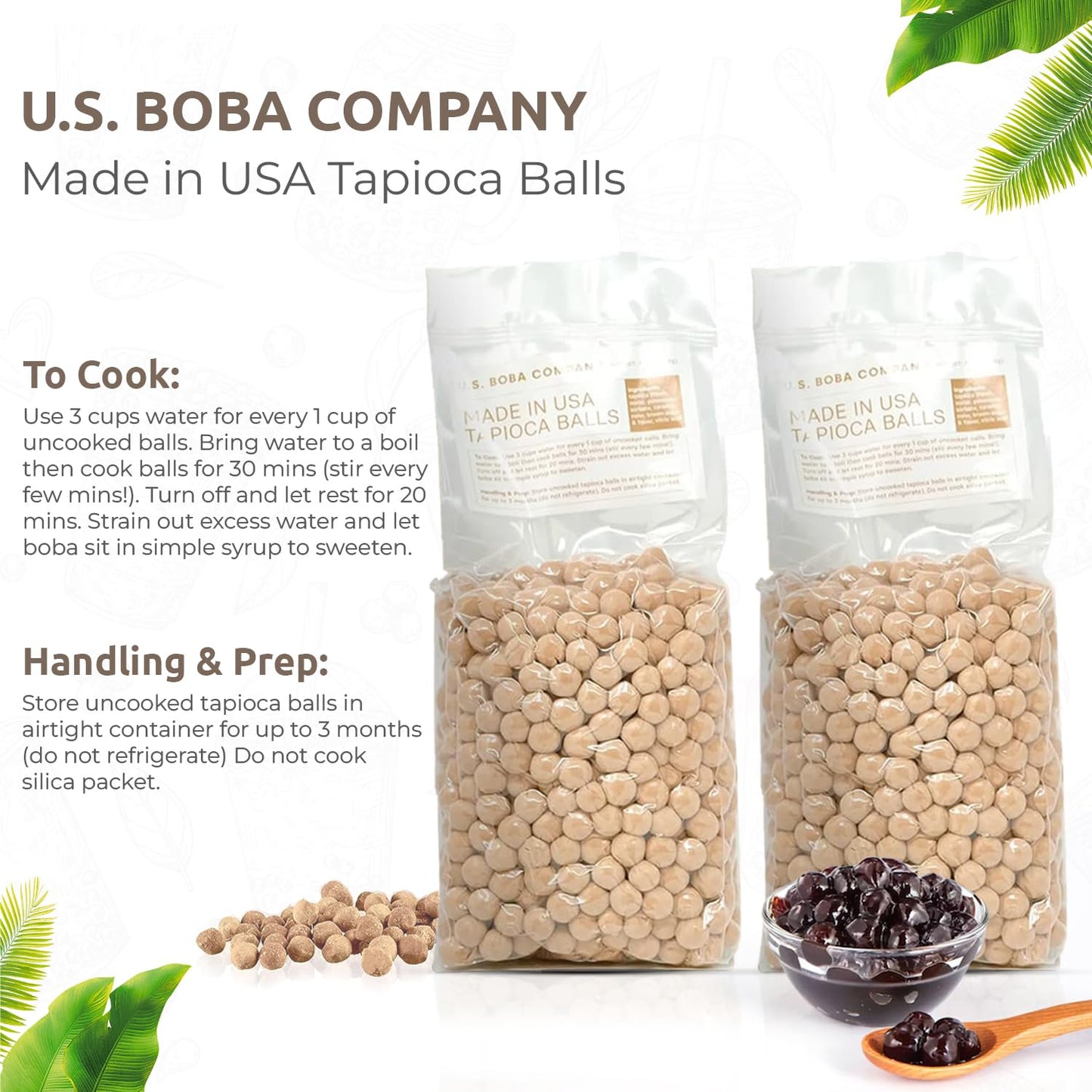 US Boba Co Unsweetened Tapioca Pearl, Easy to Cook, Tapioca Boba Balls for Tea Milk, Coffee & Dessert Topping, Fresh Made in USA, Brown Sugar Flavor, 1 Pound (Pack of 6)