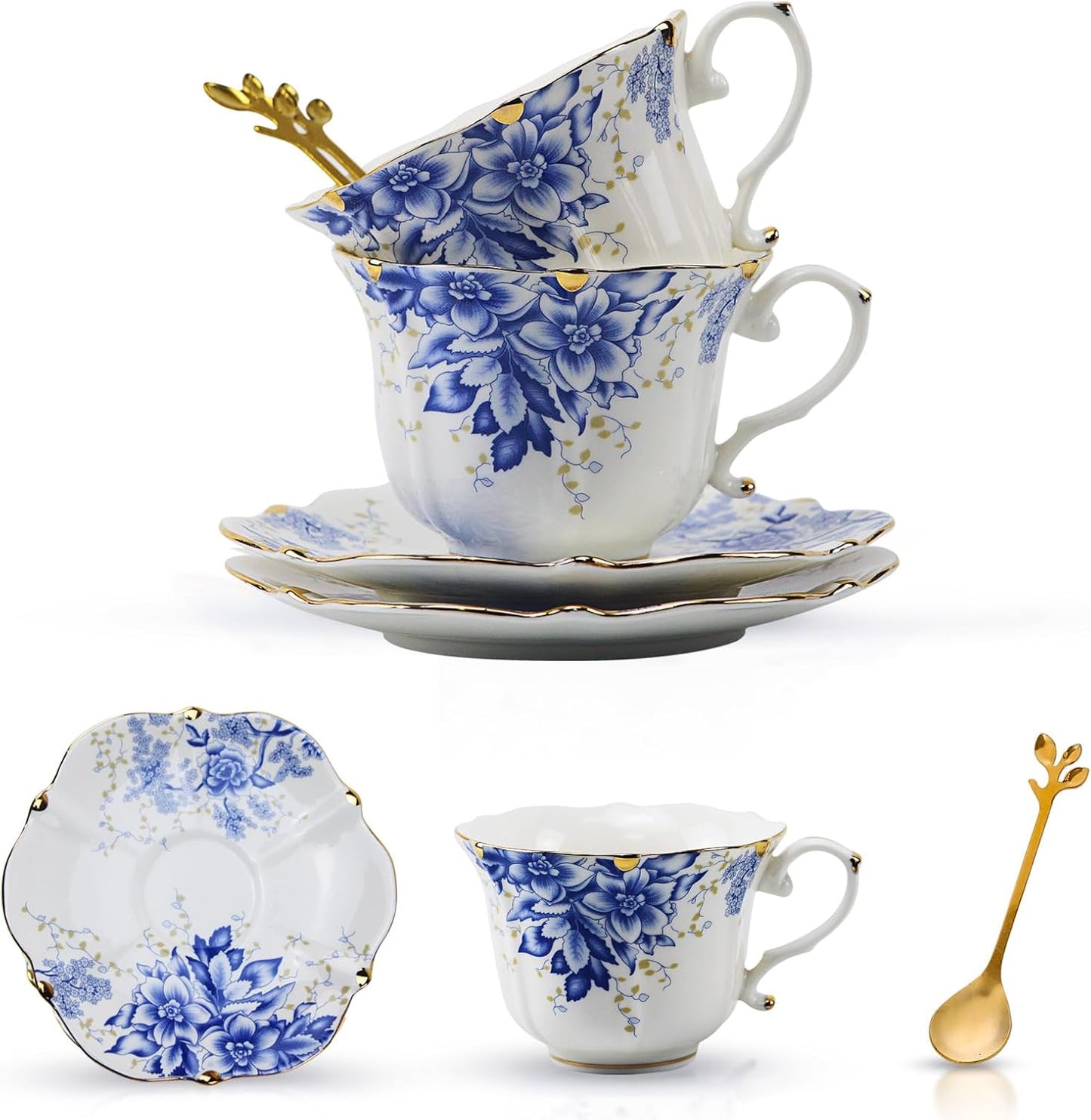 TATSUMI Country Roses Bone China Tea Cup and Saucer Set, 6 Pieces, Vintage Style, For Women and Tea Parties(Rose Blue,2 Sets)