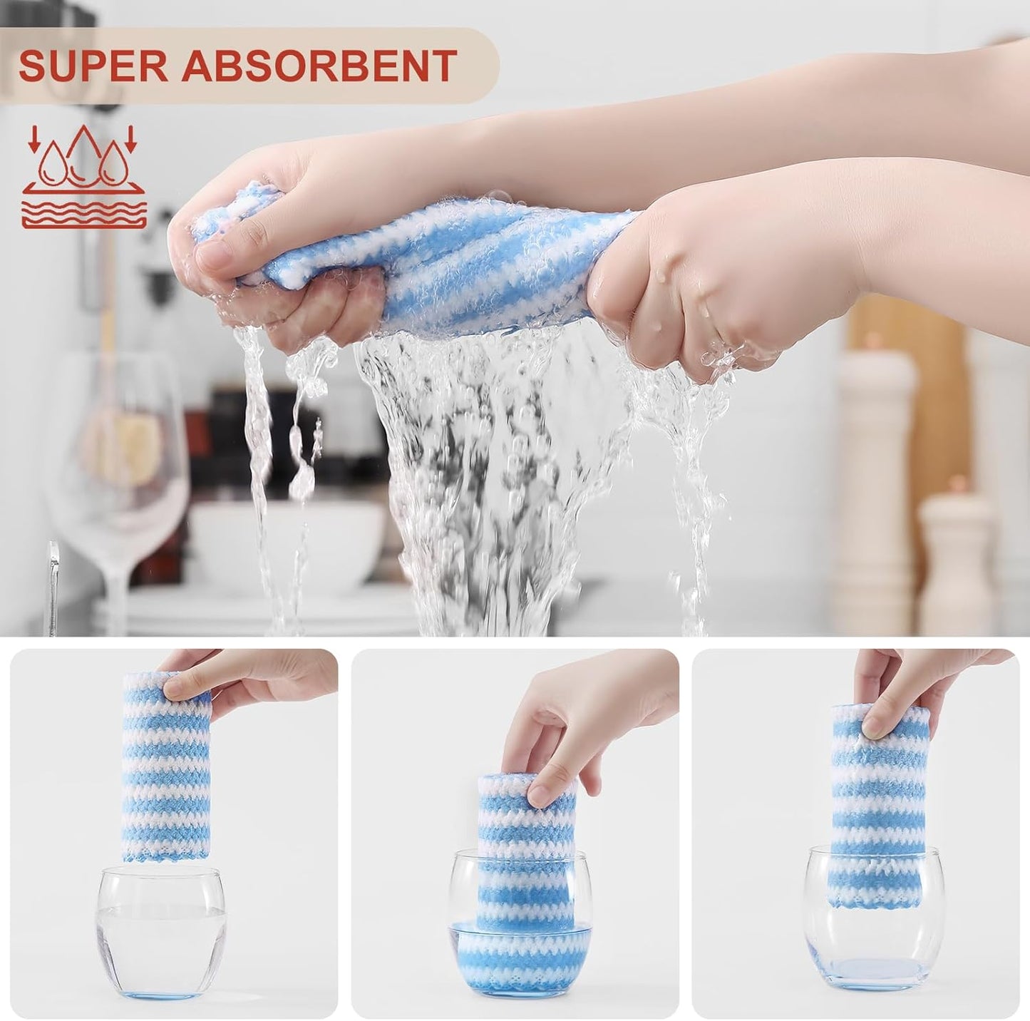 Homaxy 12 Pack Kitchen Dish Cloths, Ultra Soft and Absorbent Dish Towels, Reusable Fast Drying Microfiber Cleaning Cloth, Coral Velvet Wave Design No-lint, 10 x 10 inches, Blue