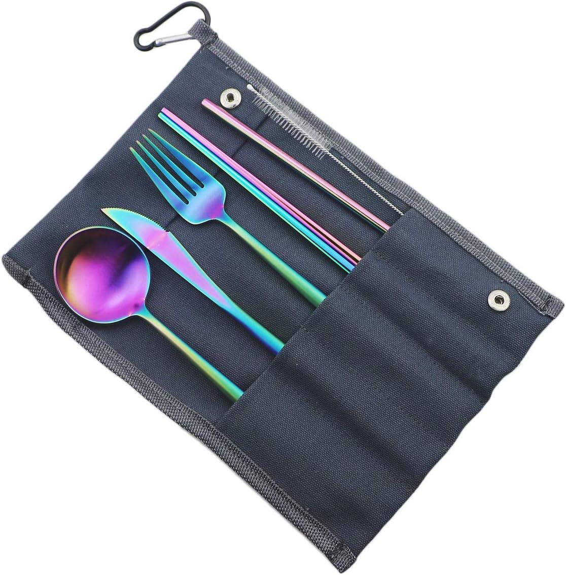 Gugrida Reusable Travel Utensils, 7 Piece Portable 304 Stainless Steel including Knife Fork Spoon Chopsticks Cleaning Brush Straws Portable Pouch, Eco-friendly Camping Silverware Set, Dishwasher Safe