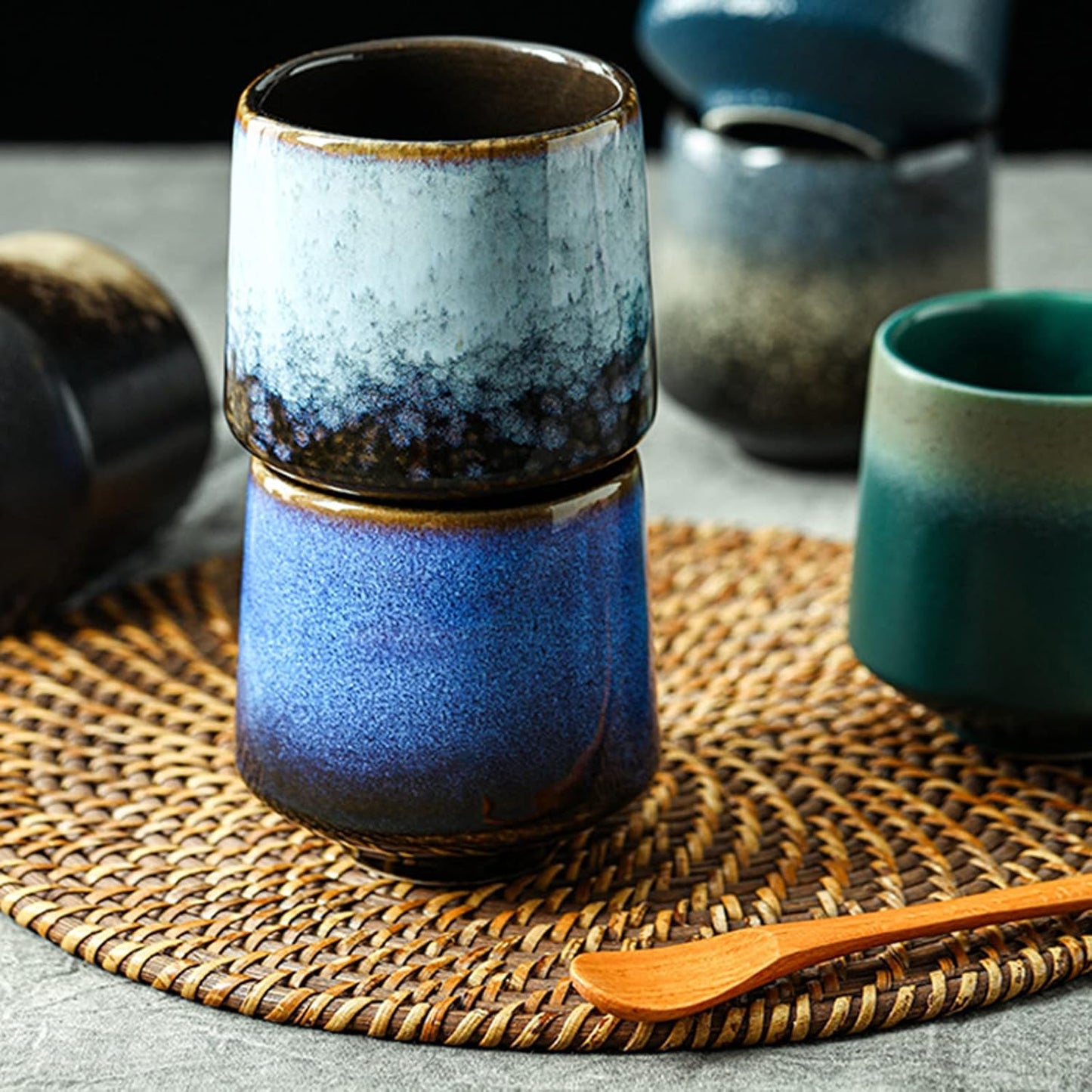 Ceramic Tea Cup, 4 Count (Pack of 1), 7.43 oz Capacity, Modern Design, Blue, Black, Grey, Christmas, Birthday, Thanksgiving, Reusable, Heavy Duty, Glazed, Teacups, Teacup