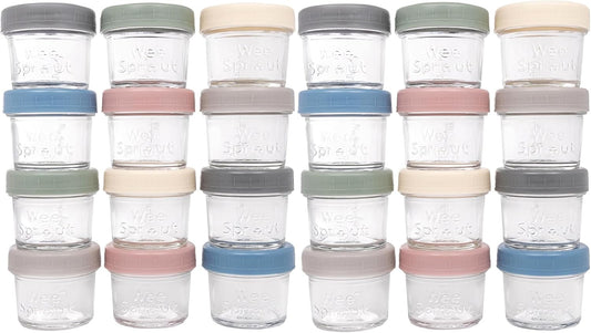 WeeSprout Baby Food Storage Glass Jars w/Lids (4 oz, 24 Pack) Matte Variety, Snack, Reusable Small Containers, Fridge or Freezer, Microwave & Dishwasher Safe, Essentials for Infants