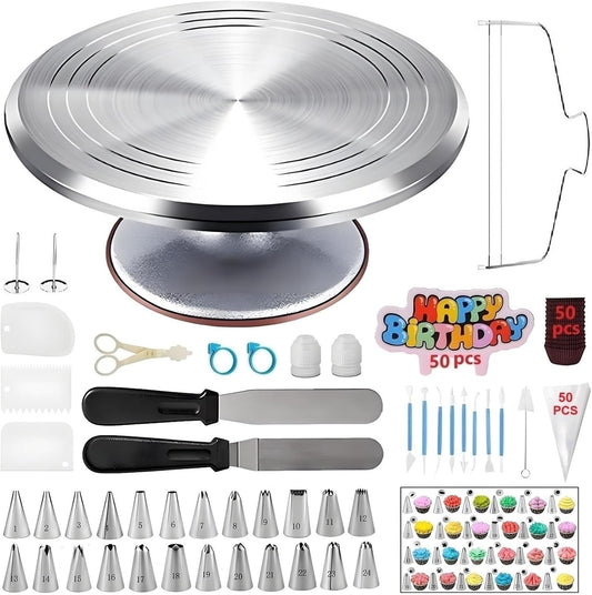 198 Pcs Cake Decorating Kit with Aluminium Alloy Cake Turntable,24 Numbered Icing Piping Tips,2 Couplers,2 Cake Spatulas,3 Comb Scrapers,8 Carved Pens, 50 Pastry Bags,50 Cake Flags