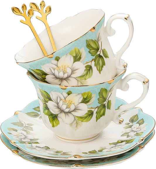TATSUMI Country Roses Bone China Tea Cup and Saucer Set, 6 Pieces, Vintage Style, For Women and Tea Parties(Light Green, 2 sets)