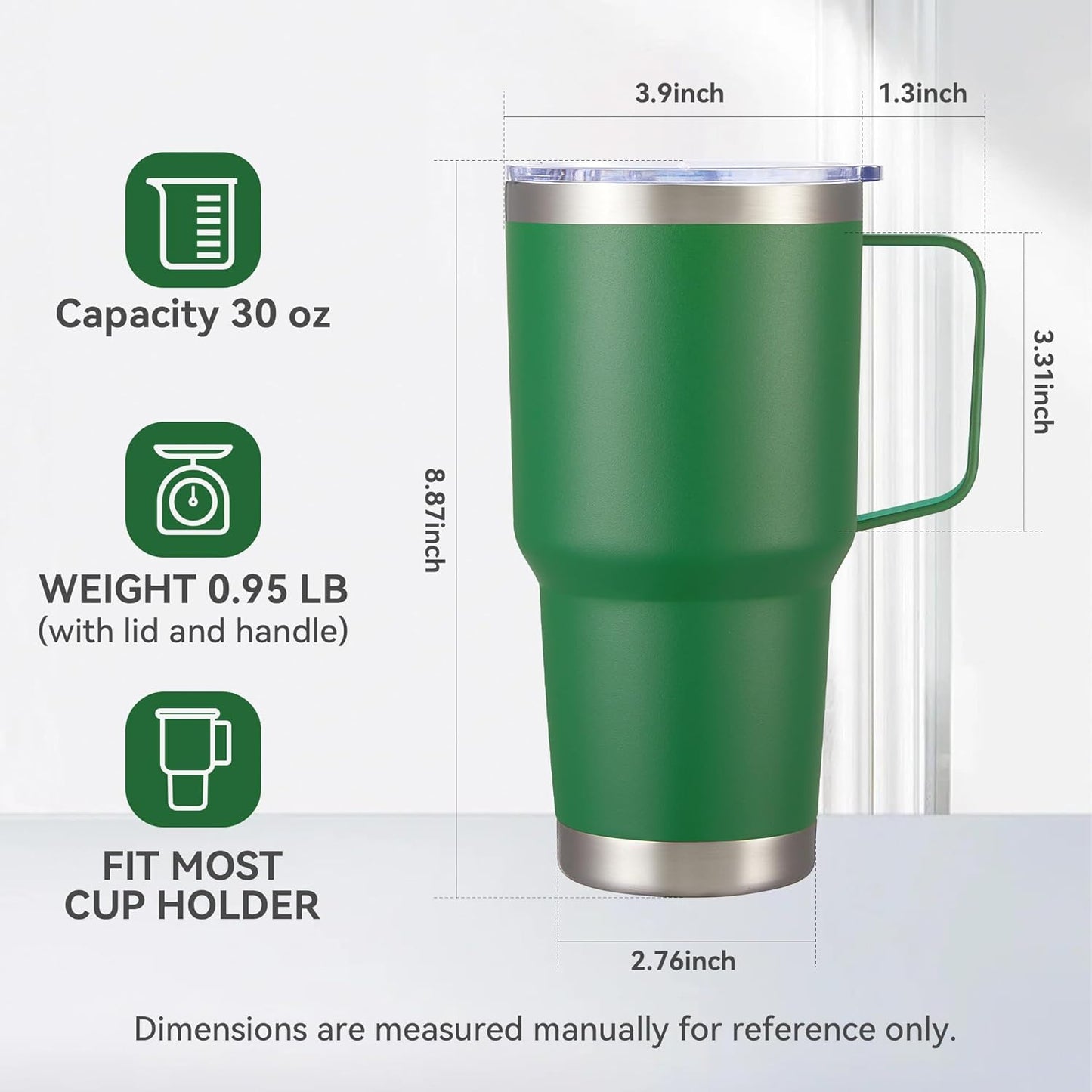 30 oz Tumbler with Handle and Lid, Stainless Steel Tumblers Double Wall Vacuum Insulated Travel Mug Leak Proof Cup Keep Drinks Cold and Hot Dark Green, 1 Pack
