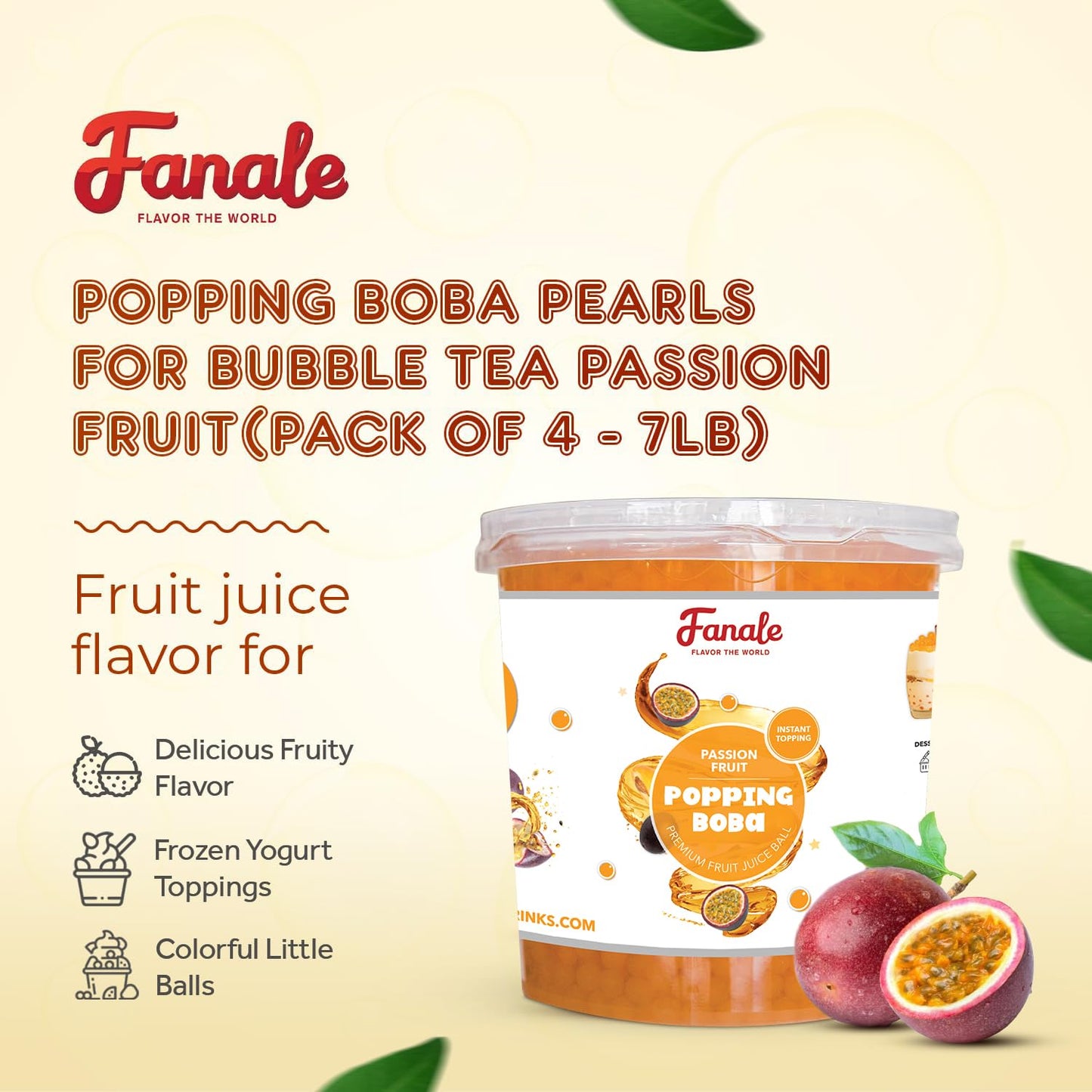 Fanale Passion Fruit Popping Boba Pearls, Vegan, Non GMO, Gluten Free, Fat Free, Perfect for Bubble Tea, Smoothies, Ice Cream, Desserts, and Beverages.