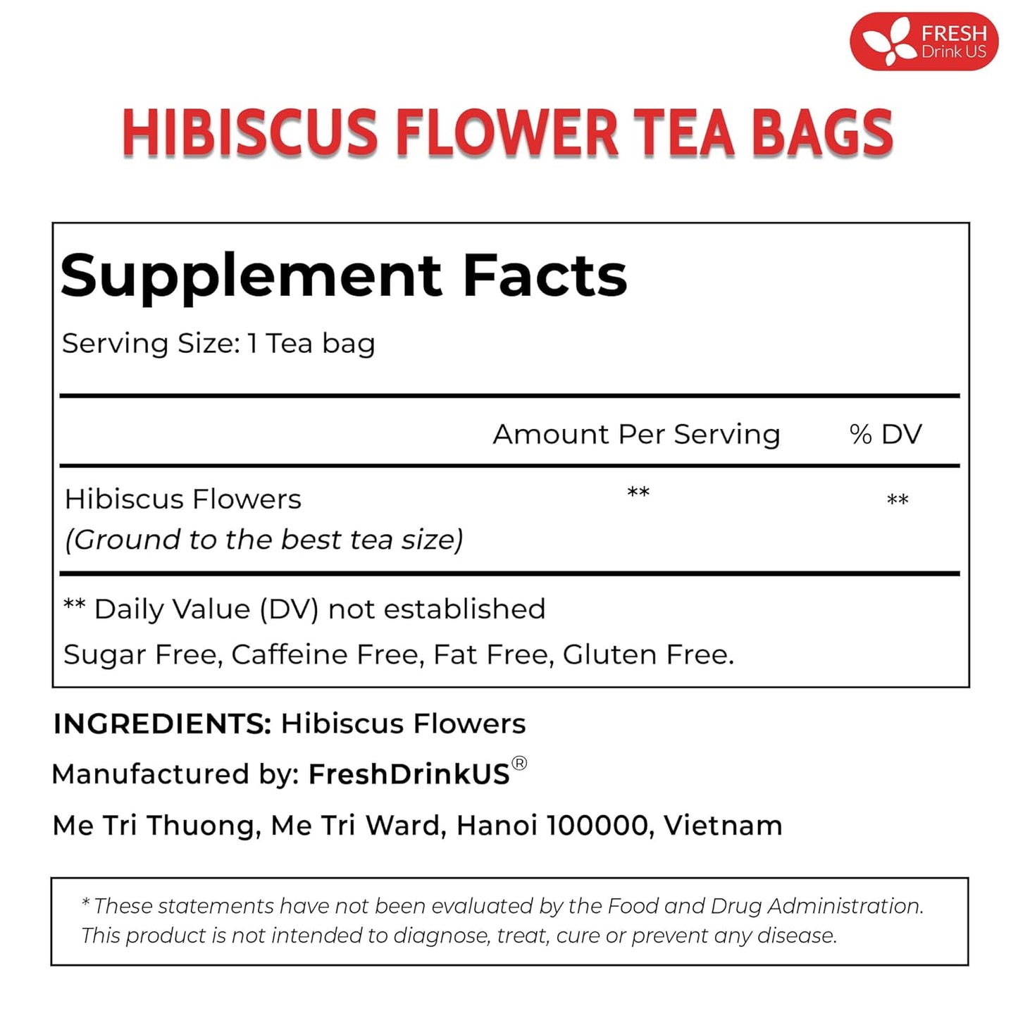 FreshDrinkUS, Premium 140 Hibiscus Flowers Tea Bags, 100% Natural, Handmade & Pure from Hibiscus Flowers. No Sugar/Caffeine/Gluten, Vegan. Tart & Refreshing, Hot or Ice Tea, Great For All Seasons