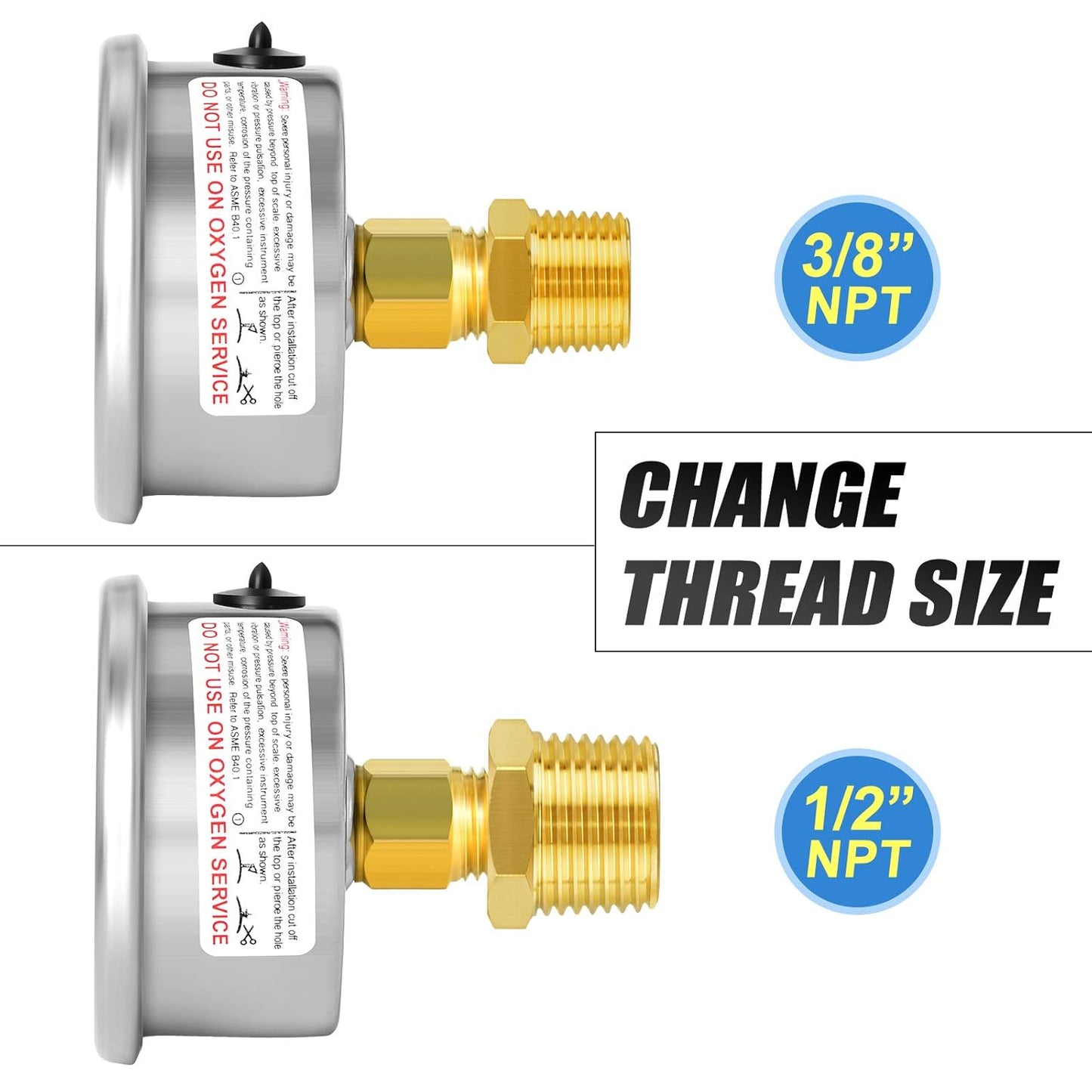 MEANLIN MEASURE 1/4" NPT 0-35psi Pressure Gauge, 2" Dial Glycerine Filled Pool Filter, 304 Stainless Steel Housing, Back Mount, with 1/2" NPT and 3/8" NPT Hex Bushing