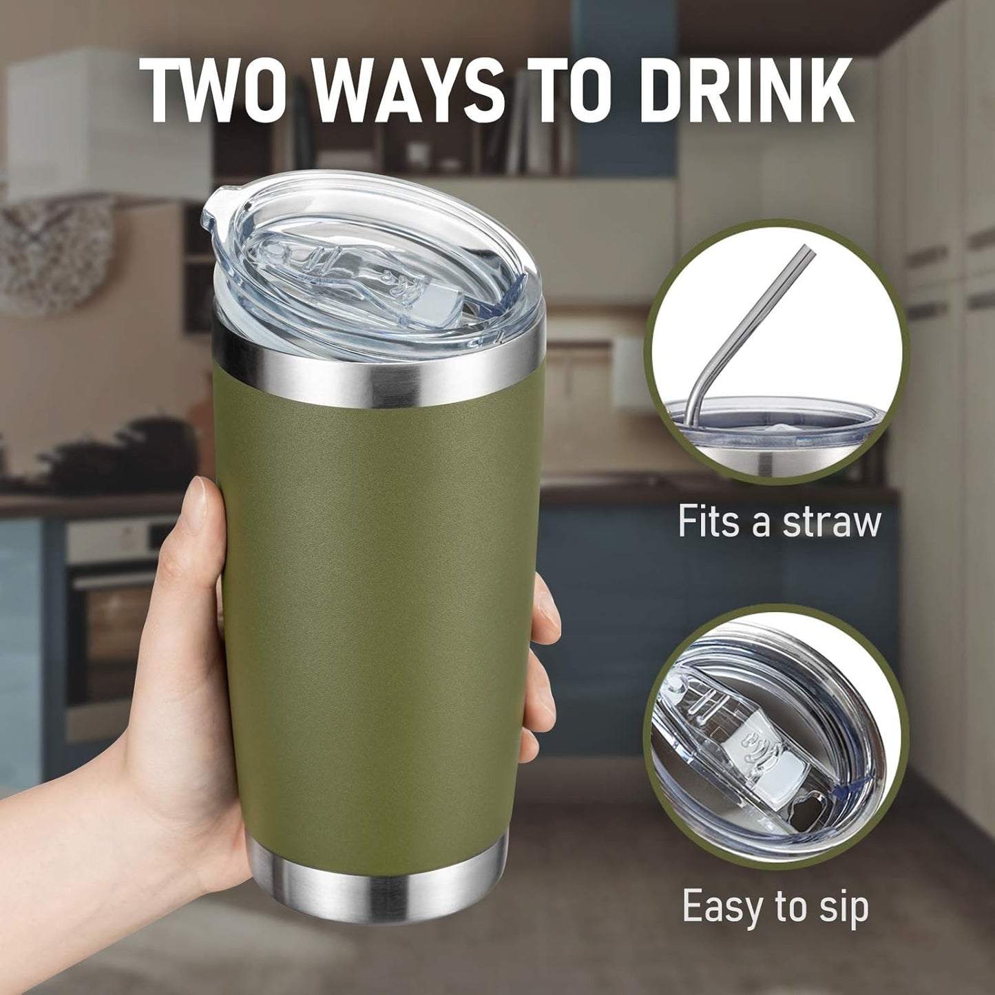 COMOOO 20oz Tumbler Bulk Double Wall Vacuum Insulated Travel Mug, Stainless Steel Tumbler with Lid and Straw Durable Powder Coated Insulated Coffee Cup for Cold & Hot Drinks (Army Green, 4 Pack