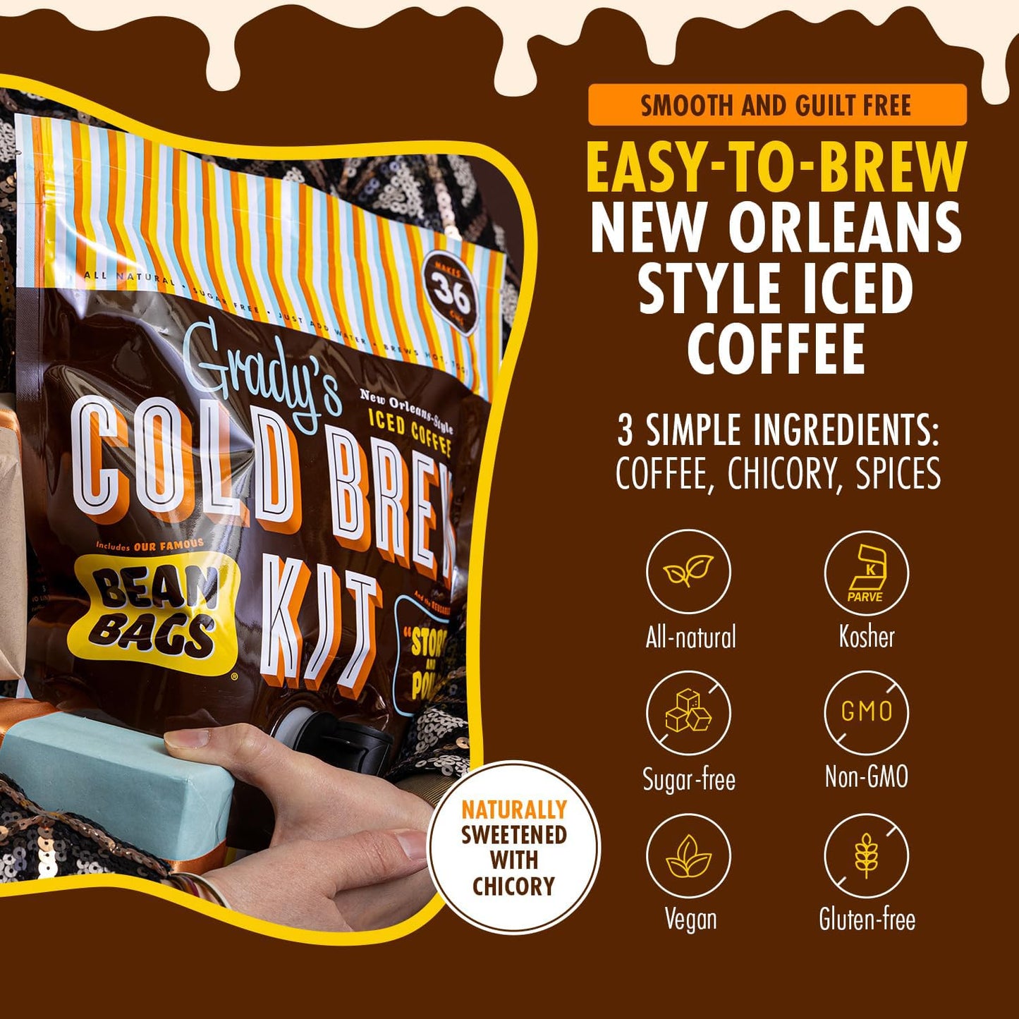 GRADY’S COLD BREW, New Orleans Style, 100% Arabica Ground Coffee & Chicory Pouches, 2 All-in-One Cold Brew Kits, each with 12 Easy-to-Brew Beans Bags, Makes 72 drinks