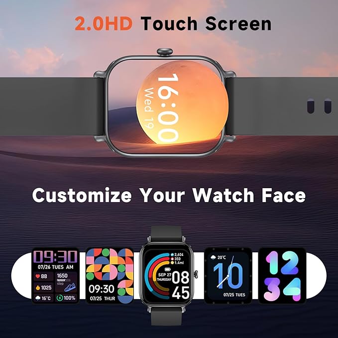 Smart Watch for Women & Men 2.0 HD Screen IP68 Fitness Tracker with Heart Rate, SpO2, Sleep Monitor, Bluetooth Call (Answer/Make),110+ Sport Modes, iPhone/Android Compatible(Black)