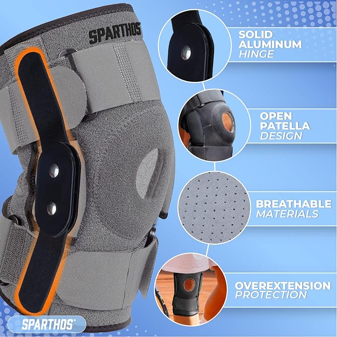 Sparthos Knee Brace - Relieves ACL, MCL, Meniscus Tear, Arthritis, Tendons Pain - Open Patella Design with Dual Hinges - Patellar Compression Support, Plus Size Fit - For Men and Women (XX-Large)