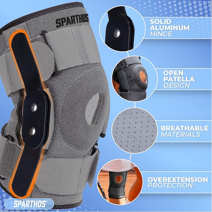 Sparthos Knee Brace - Relieves ACL, MCL, Meniscus Tear, Arthritis, Tendonitis Pain - Open Patellar Design with Dual Hinged - Support Compression for Running, Working Out, For Men and Women (Medium)