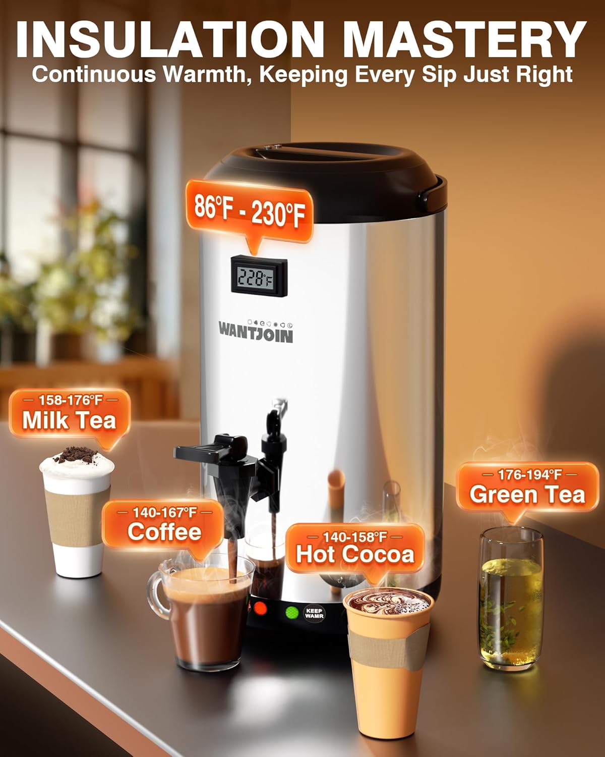 WantJoin Electric Heating Beverage Dispenser-75 Cup Hot&Cold water Urn-Stainless Steel Premium 12 L/3.2 Gallon Hot Drink Dispenser with Spigot for Coffee & Hot tea,Cold Milk,Water,Juice(Silver)