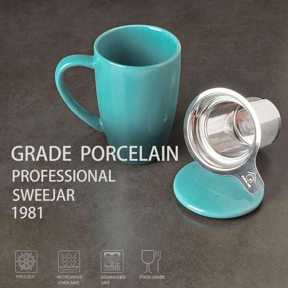 Sweejar Porcelain Tea Mug with Infuser and Lid,Teaware with Filter, Loose Leaf Tea Cup Steeper Maker, 16 Fl Oz for Tea/Coffee/Milk/Women/Office/Home/Gift (Gradient Blue)