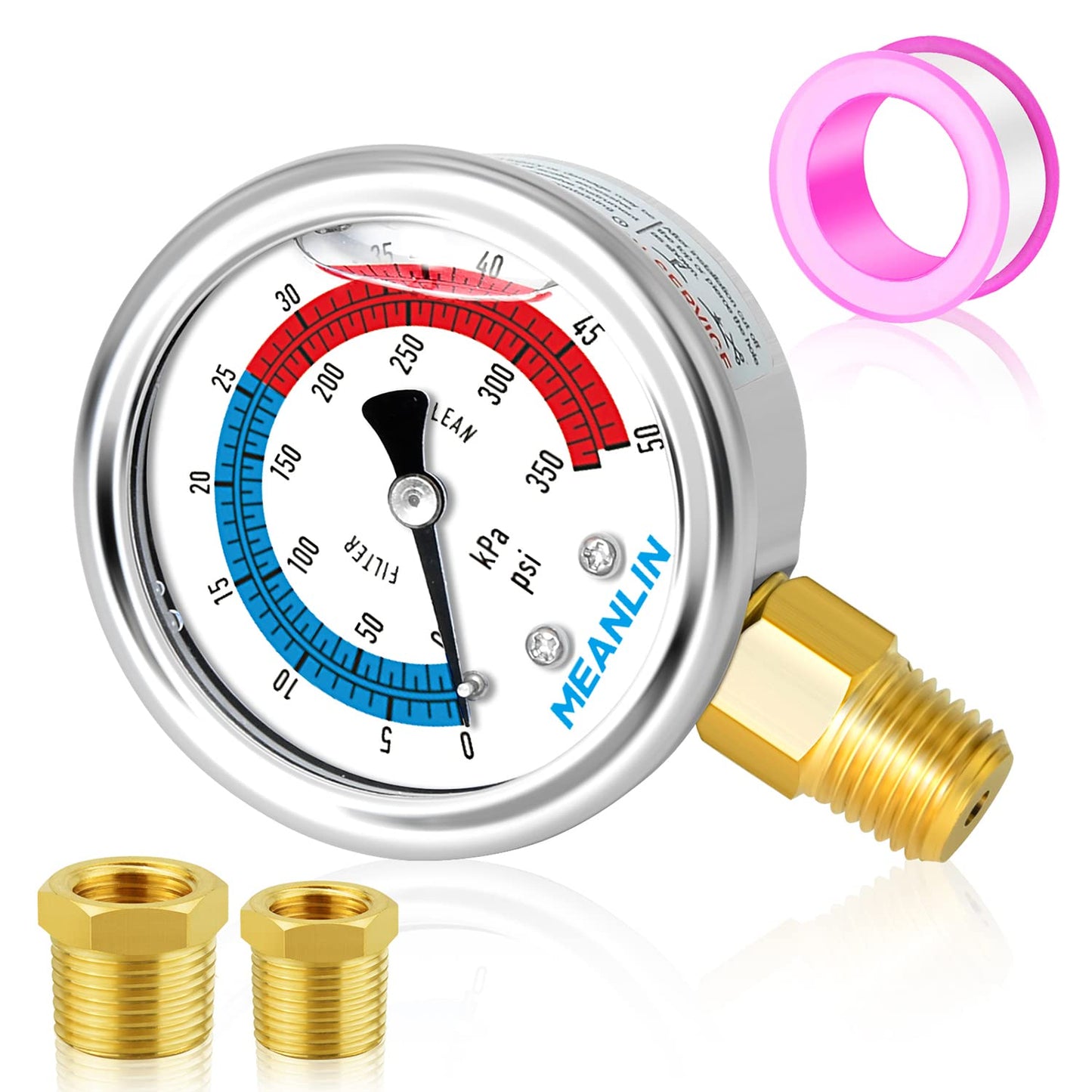 MEANLIN MEASURE 1/4" NPT 0-50psi Pressure Gauge, 2" Dial Glycerine Filled Pool Filter, 304 Stainless Steel Housing, Lower Mount, with 1/2" NPT and 3/8" NPT Hex Bushing