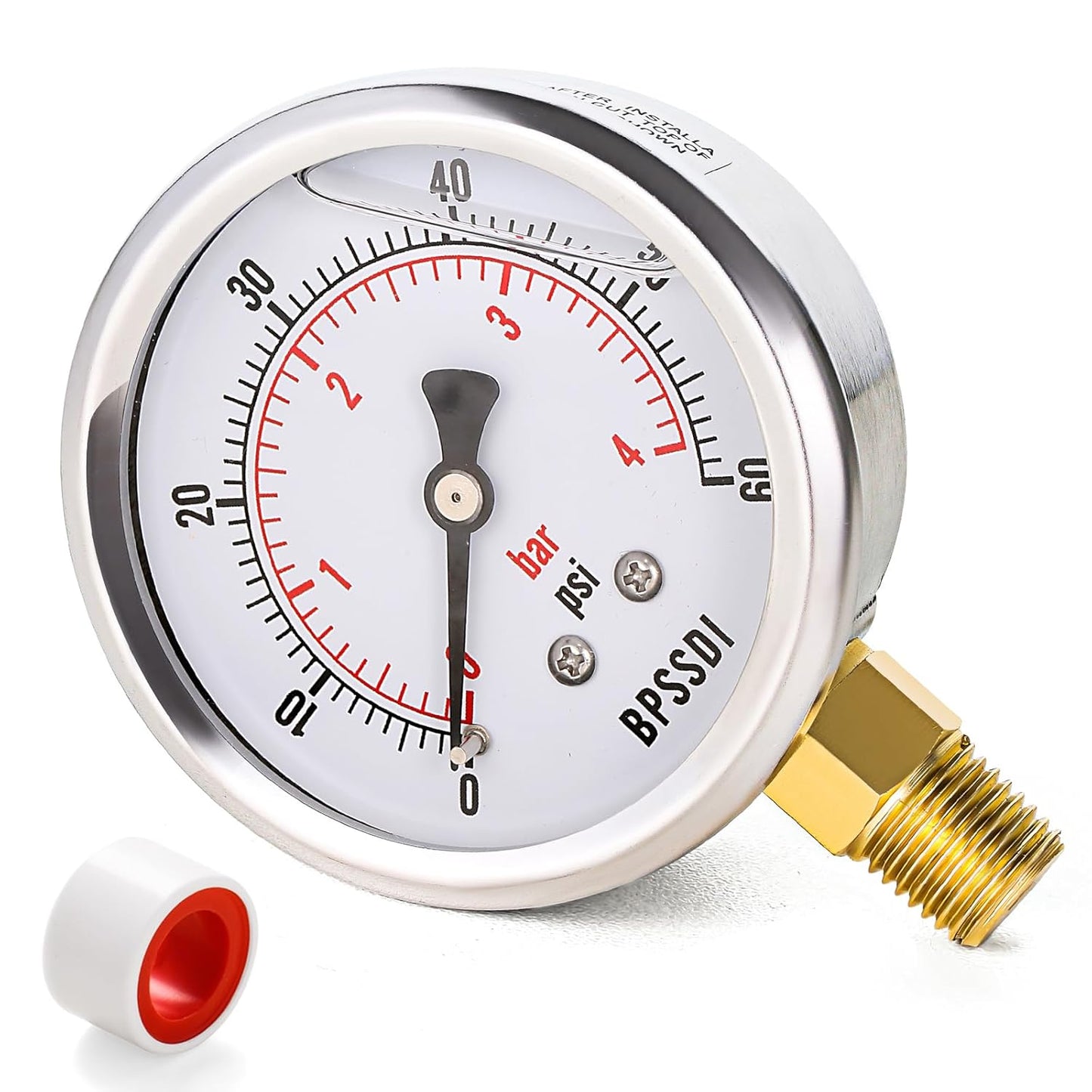 0-60 Psi Glycerin Liquid Filled Low Pressure Gauge, 2.5" Dial Size, 1/4" NPT Lower Mount, 304 Stainless Steel Case, for Water Oil Air Pressure Test, Refrigeration Systems(Such as Evaporators)