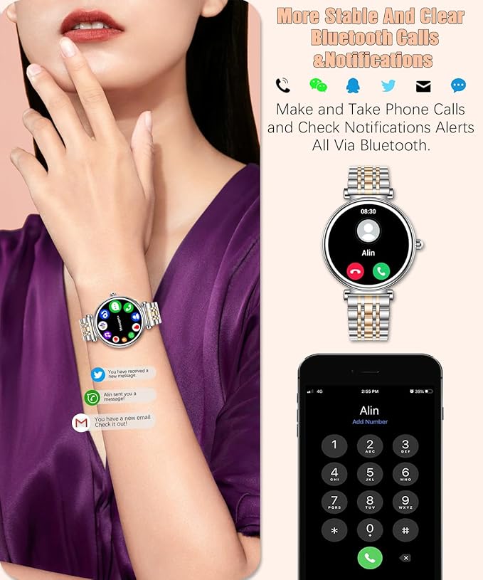 Smart Watch for Women 1.27" Color Screen Waterproof Fitness Activity Tracker Rose Gold Women's Smart Watch with Heart Rate Sleep Monitor for Android and iOS (Two-Tone Silver Steel RT-i109)