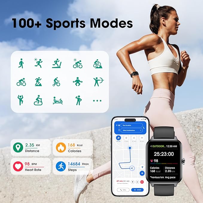 Smart Watch(Answer/Make Call), 1.69" Fitness Tracker with Heart Rate Blood Oxygen Monitor, Sleep Monitor Health Tracker, 100+ Sports Modes, Step Counter, IP68 Waterproof Fitness Watch for Android iOS