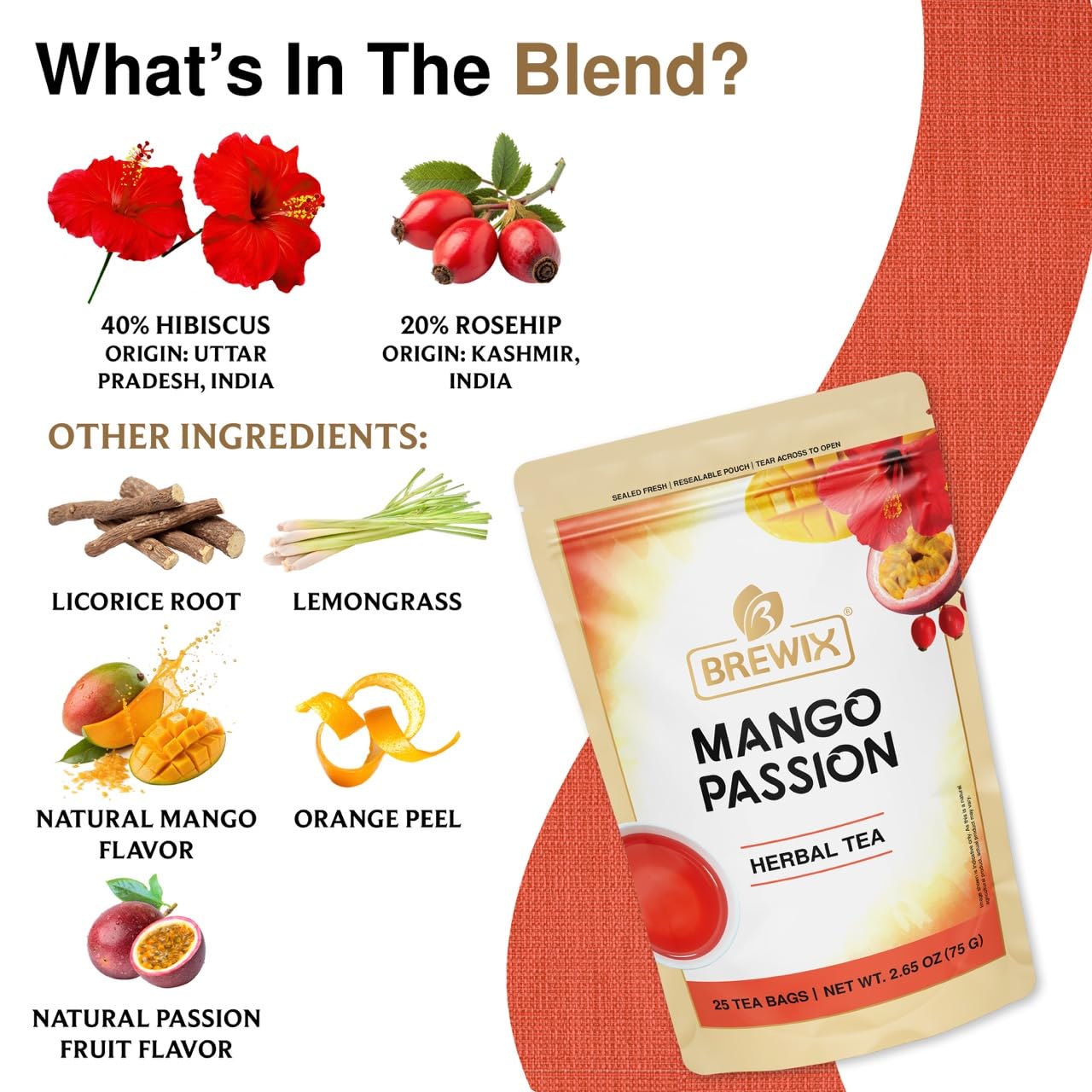 BREWIX, Mango Passion Fruit Herbal Tea Bags – 25 Plant-Based Pyramid Bags | Iced or Hot | Hibiscus, Citrus Peel, Lemongrass | Caffeine-Free & Naturally Uplifting Wellness Brew
