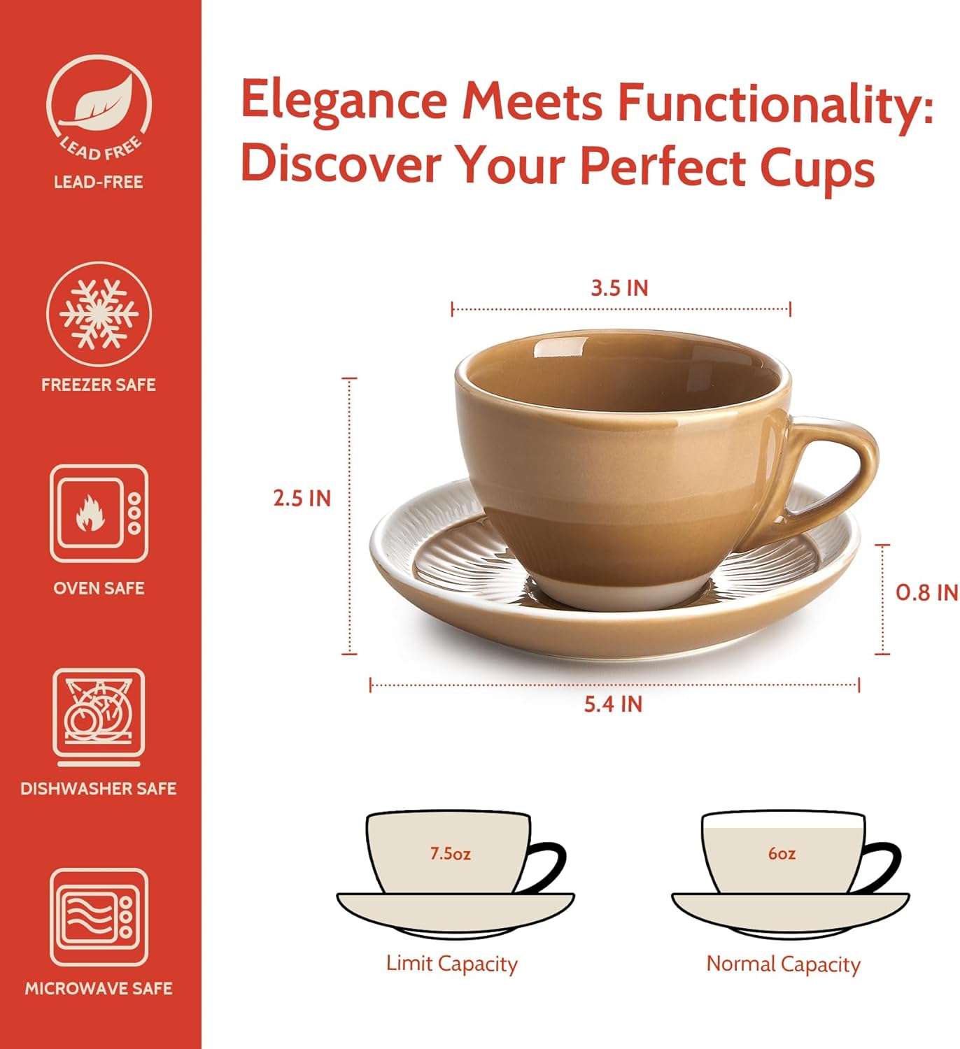 Sweese 6 Ounce Cappuccino Cups with Saucers, Porcelain Double Espresso Cups Set of 4 - Yellow