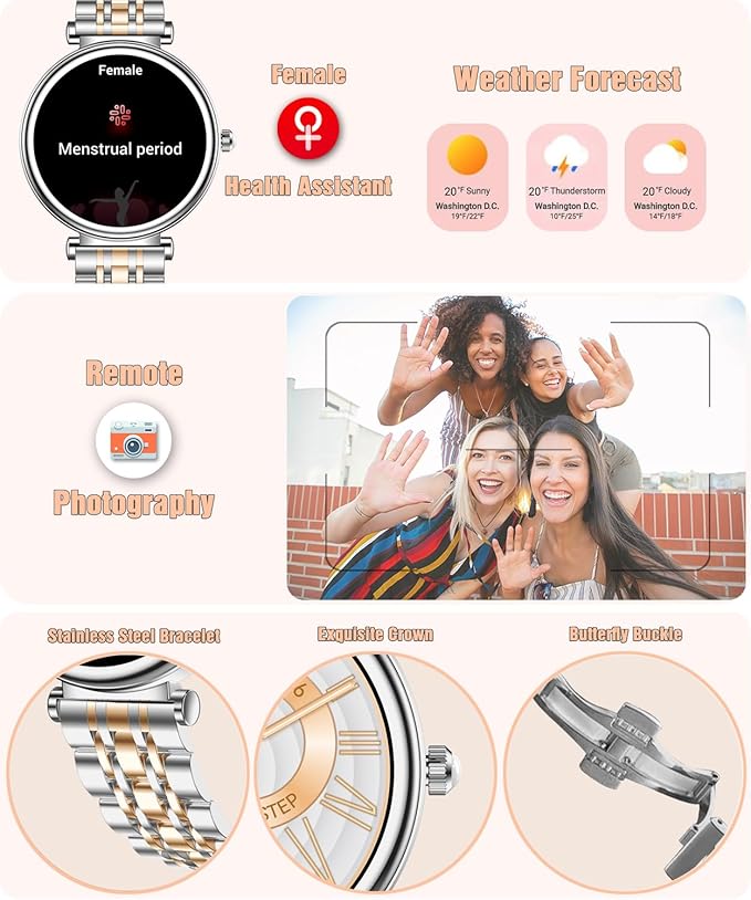 Smart Watch for Women 1.27" Color Screen Waterproof Fitness Activity Tracker Rose Gold Women's Smart Watch with Heart Rate Sleep Monitor for Android and iOS (Two-Tone Silver Steel RT-i109)