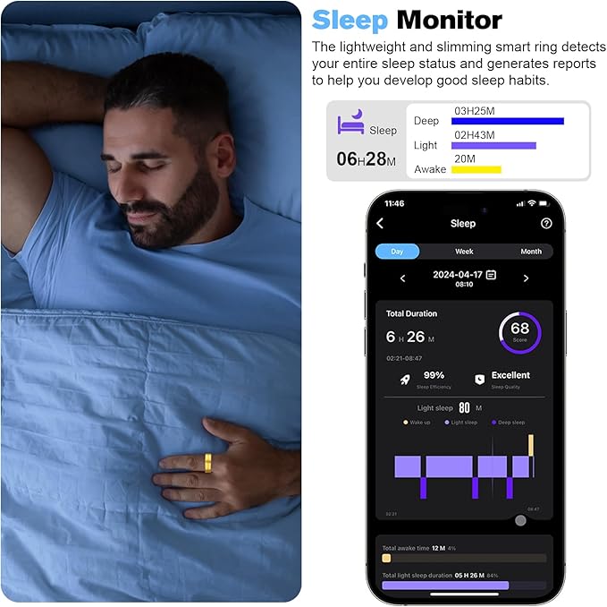 Smart Ring Health Tracker for Men/Women,Fitness Ring Sleep Tracker,Fast Charging for Long-Lasting Use,for Pedometer Exercise,Monitor Sleep, Heart Rate, Stress,Waterproof (Gold, 8)