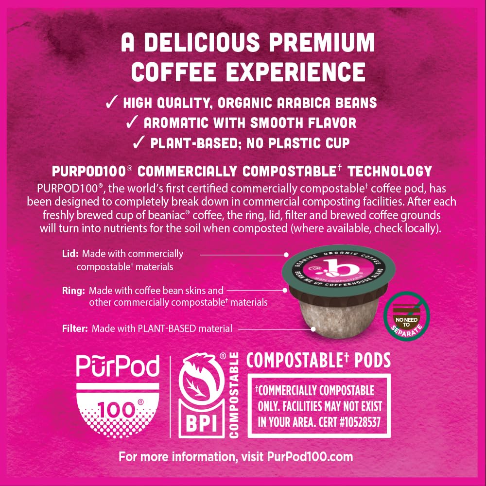 beaniac Organic Bean Me Up Coffeehouse Blend, Medium Roast, Single Serve Compostable K Cup Coffee Pods, Organic Arabica Coffee, Keurig Brewer Compatible, 30 Count