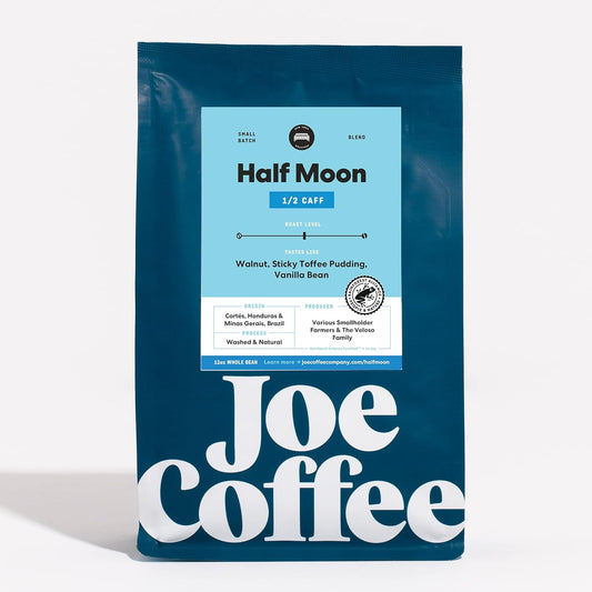 Joe Coffee Company, Half Decaf Half Regular Coffee Beans, Medium Roast, Chemical Free Decaffeination Process, Whole Bean, 12 oz Bag