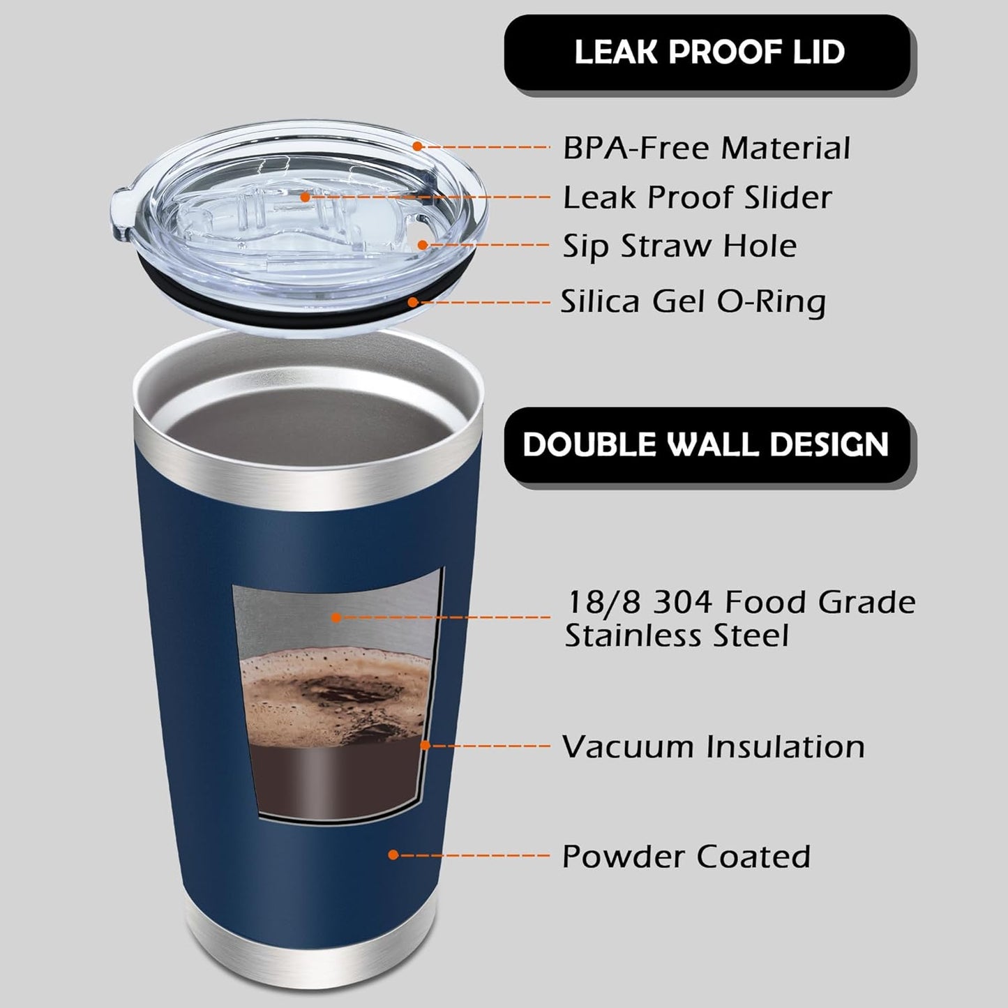 20oz Tumbler Bulk Stainless Steel Tumblers with Lid Vacuum Insulated Double Wall Travel Coffee Mug Powder Coated Tumbler Cup for Hot and Cold Drinks(Navy Blue, 6 pack)