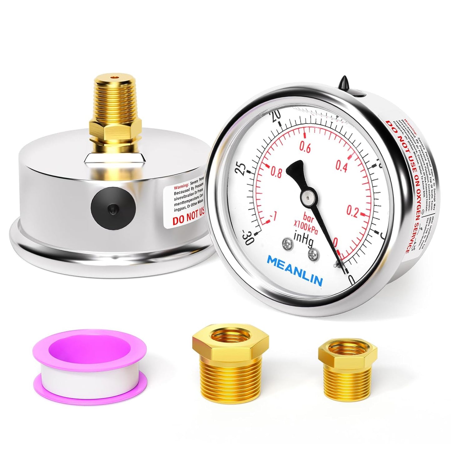 MEANLIN MEASURE -30inHG~0Psi Stainless Steel 1/4" NPT 2.5" FACE DIAL Vacuum Pressure Gauge, Center Back Mount, with 1/4" x 1/2" NPT and 1/4" x 3/8" NPT Hex Bushing