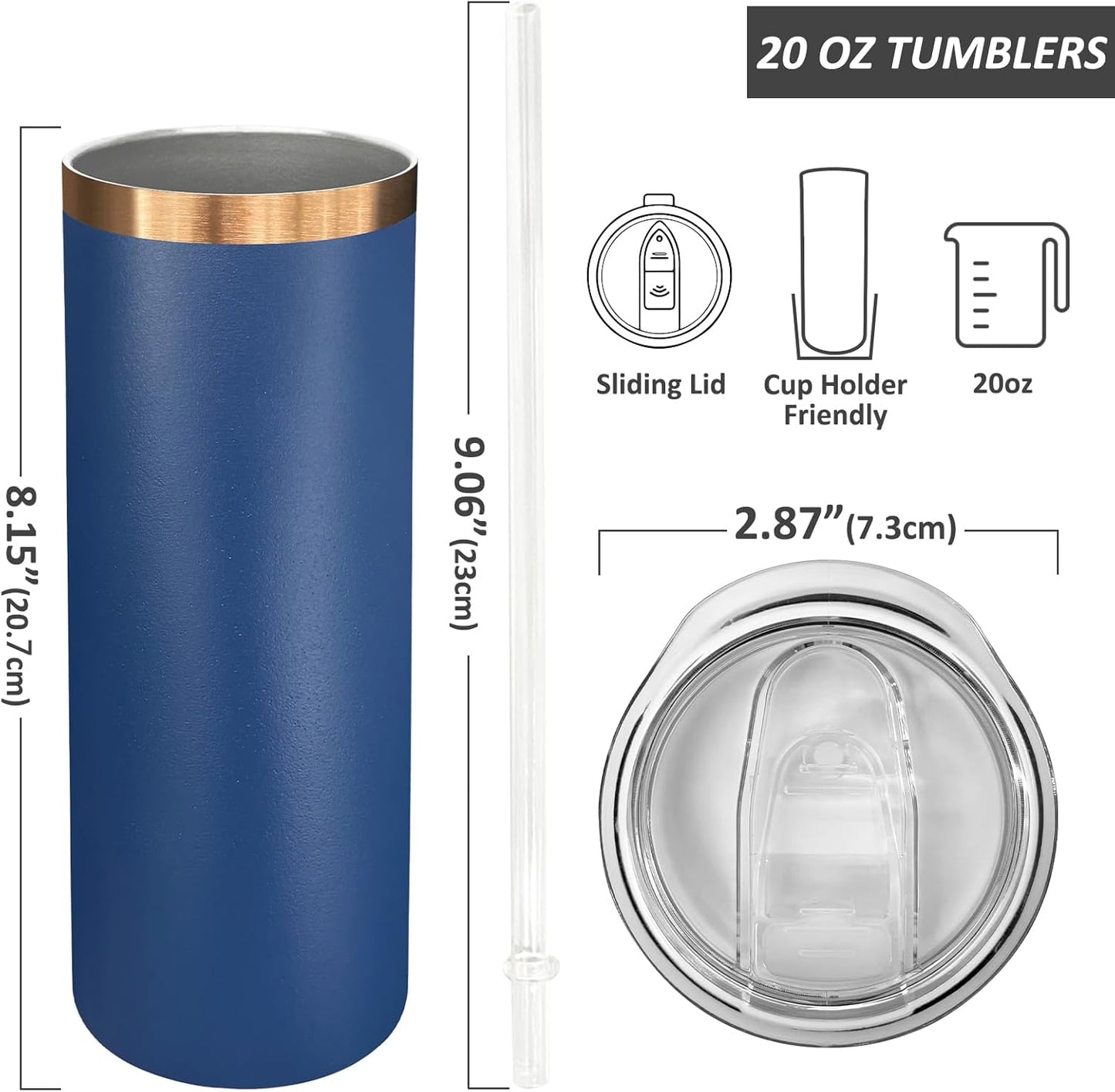 20 oz Skinny Tumblers Bulk, Stainless Steel Insulated Tumbler with Lids and Straws, Slim Double Wall Powder Coated Travel Coffee Mugs, Reusable Cup for Hot and Cold Drinks (Navy,1 pack)