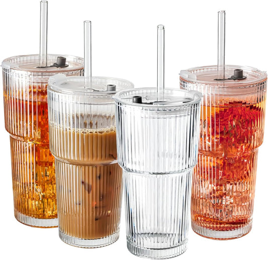 20oz Ribbed Glass Tumblers with Lids & Straws, Ideal for Iced Coffee, Cocktails & More - Includes Cleaning Brush