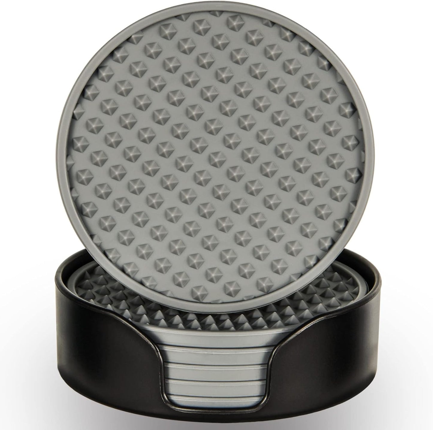 Coasters for Drinks 6 Pcs Drink Coaster with Holder,Heat Resistant Silicone Cup Mat Tabletop Protection,Non-Slip Rubber Coasters for Kinds of Cups (Grey)