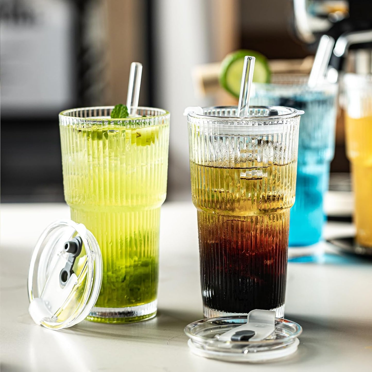 20oz Ribbed Drinking Glasses with Lids and Glass Straws-Thickened Glass cup -Vintage glass straw cups- Ideal for Iced Coffees, Cocktails, Juices, Family Use and Parties (4)